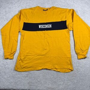 Champion Wisconsin Long Sleeve T-Shirt Mens Large Gold Navy Blue Graphic Tee